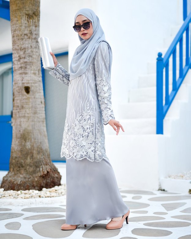 Baju Kurung Lace Abeela - Silver Cloud