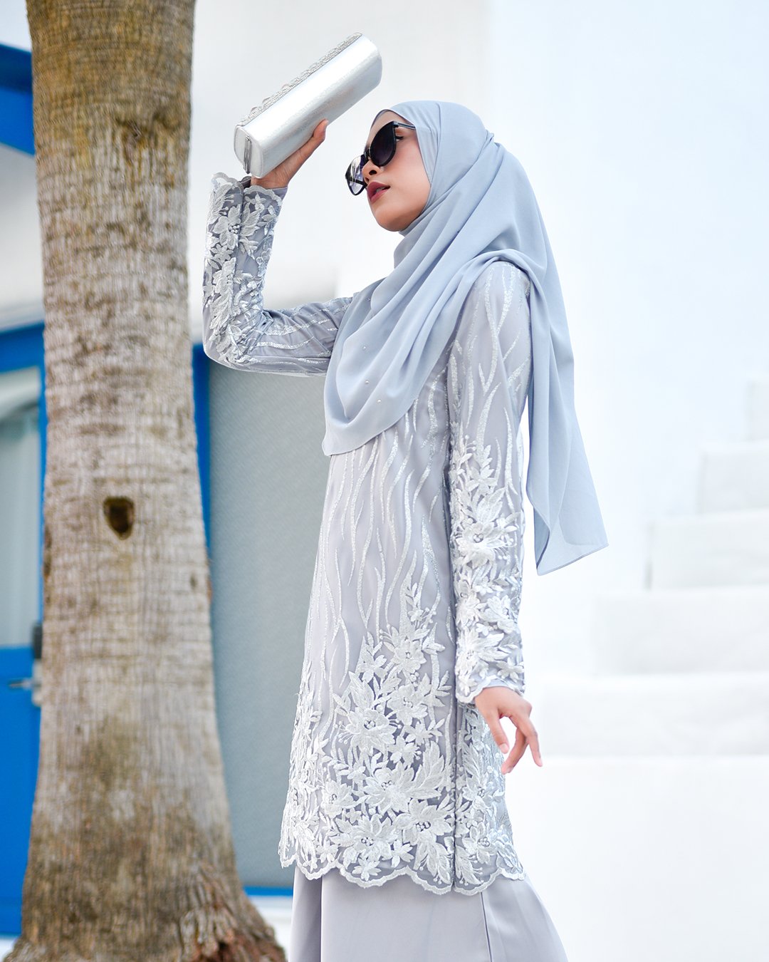 Baju Kurung Lace Abeela - Silver Cloud