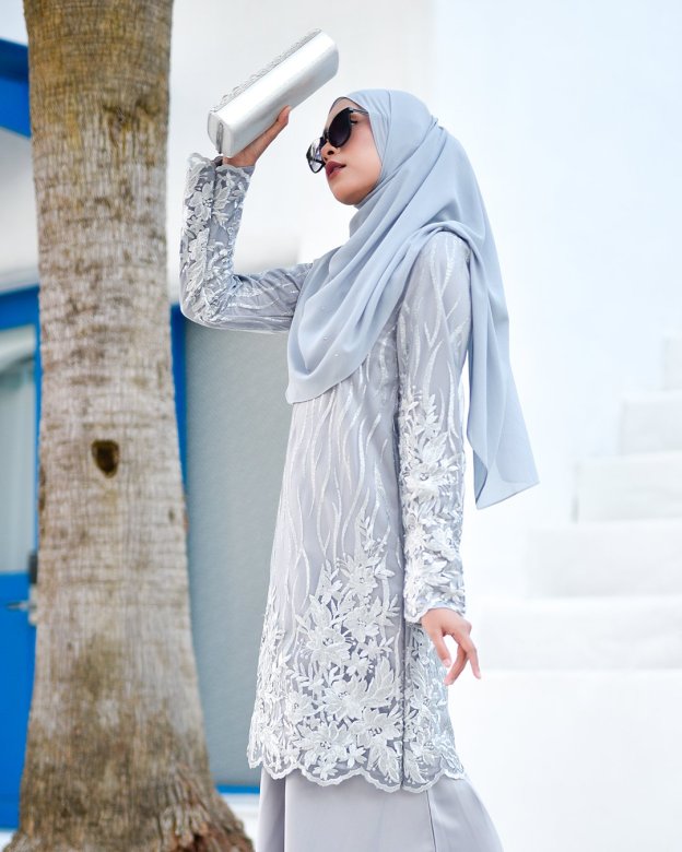 Baju Kurung Lace Abeela - Silver Cloud