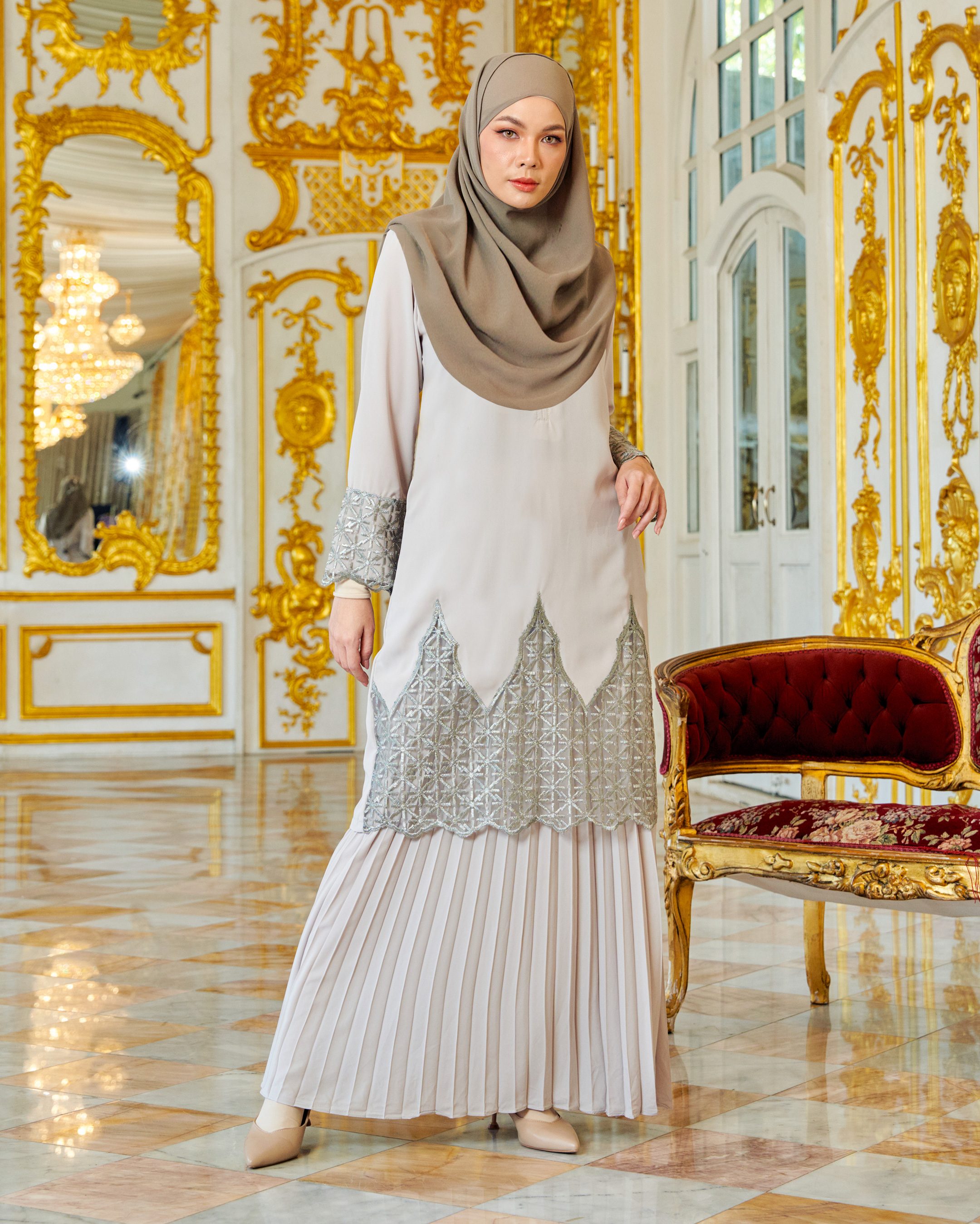 Baju Kurung Lace Pleated Aria - Cloud Grey