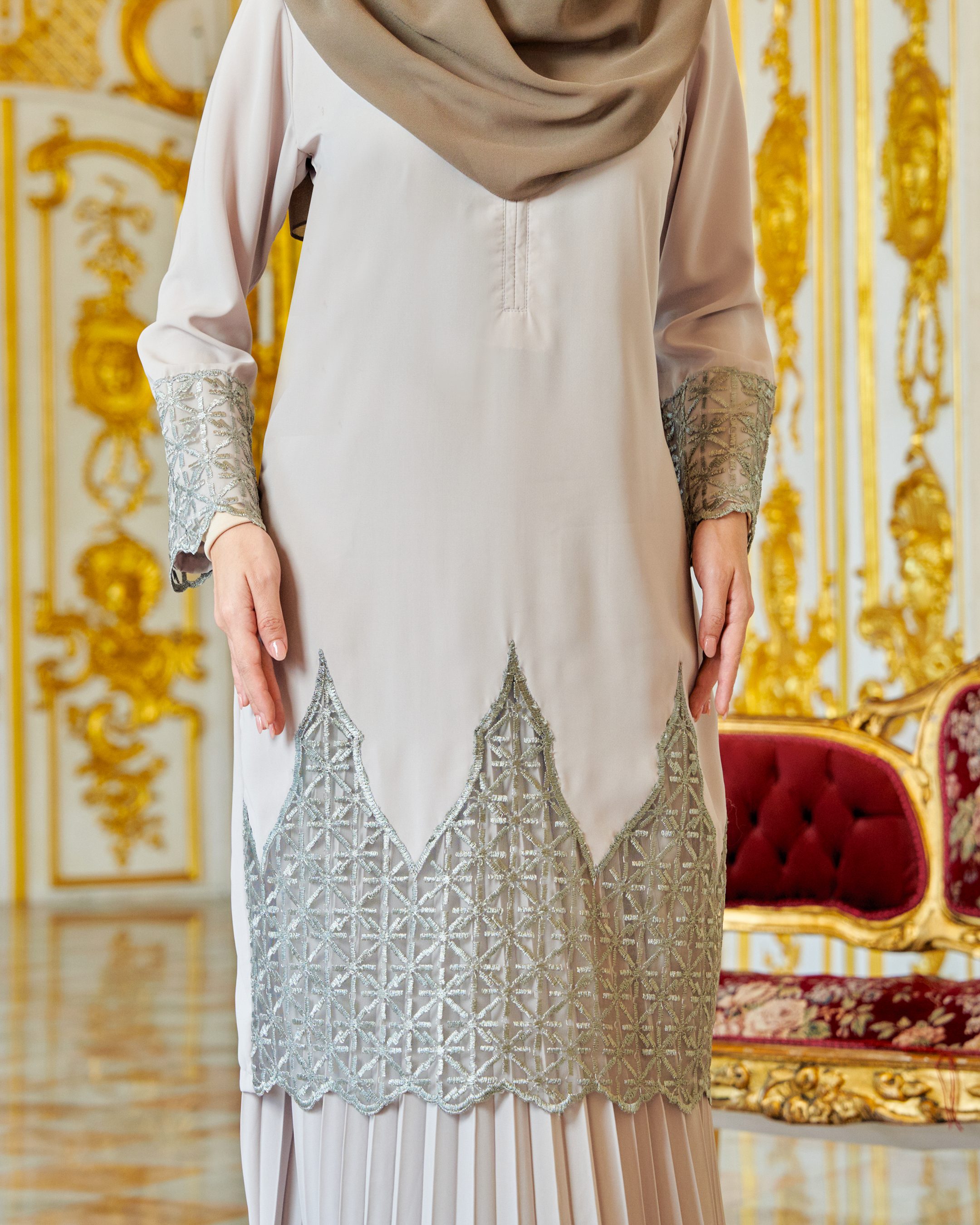 Baju Kurung Lace Pleated Aria - Cloud Grey