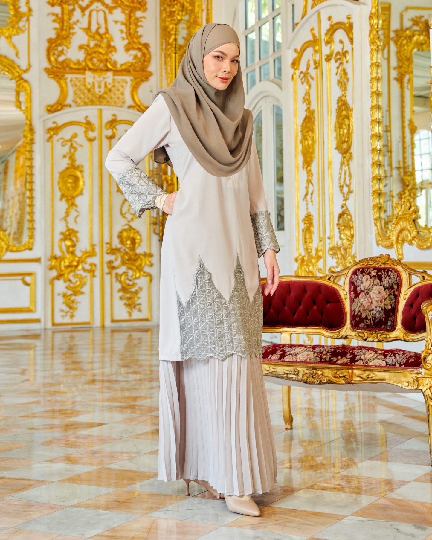 Baju Kurung Lace Pleated Aria - Cloud Grey