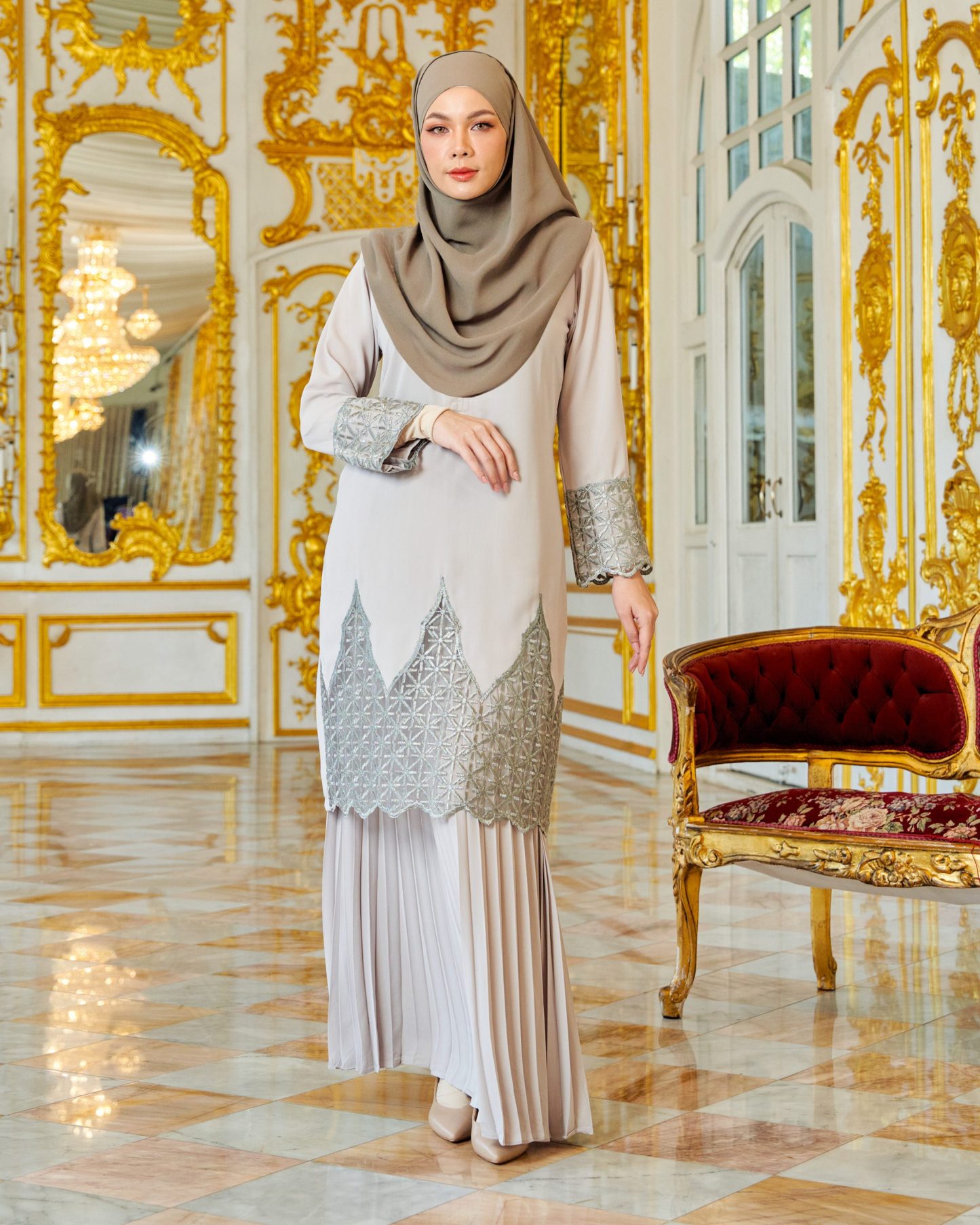 Baju Kurung Lace Pleated Aria - Cloud Grey