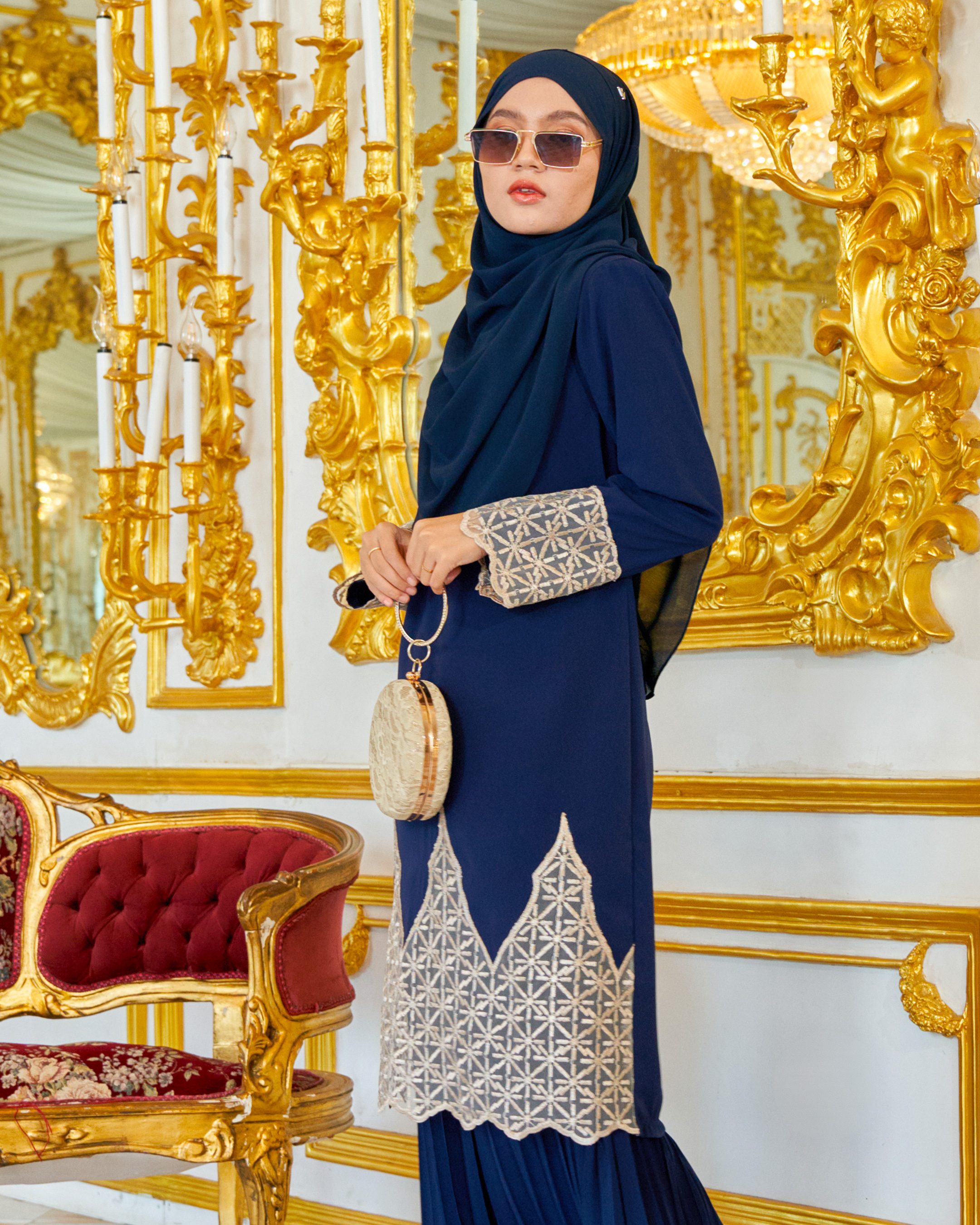 Baju Kurung Lace Pleated  Aria - Navy Blue