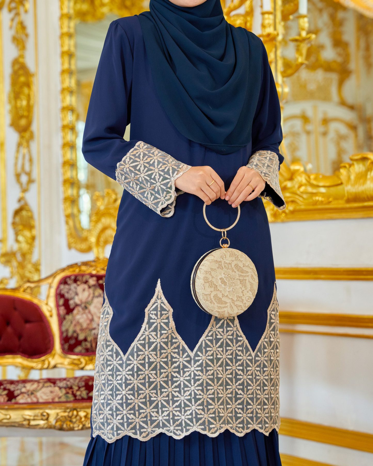 Baju Kurung Lace Pleated Aria - Navy Blue