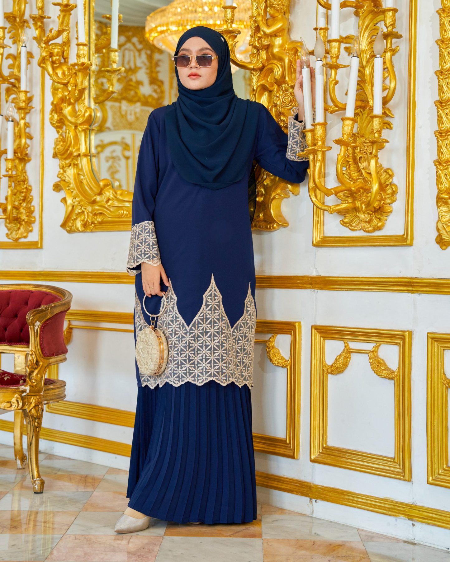 Baju Kurung Lace Pleated Aria - Navy Blue