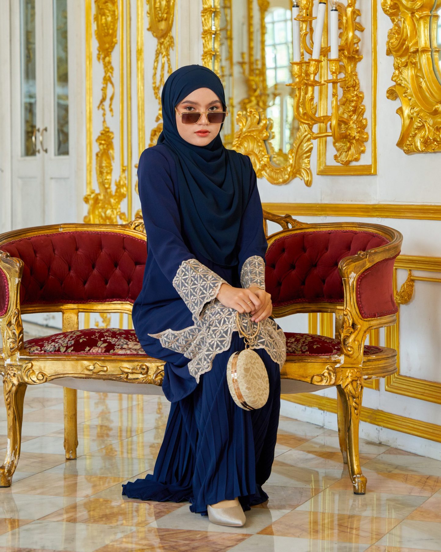 Baju Kurung Lace Pleated Aria - Navy Blue