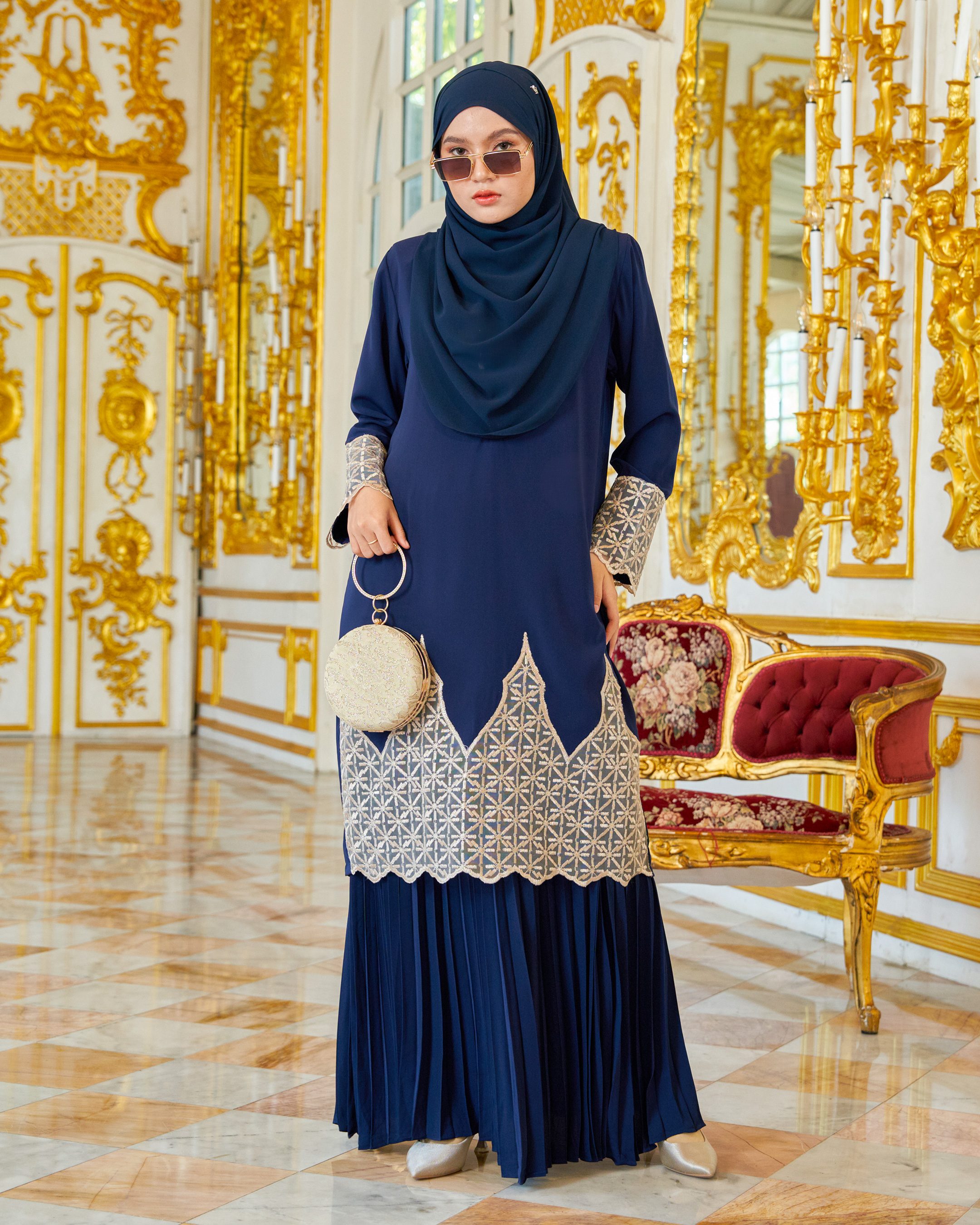 Baju Kurung Lace Pleated  Aria - Navy Blue
