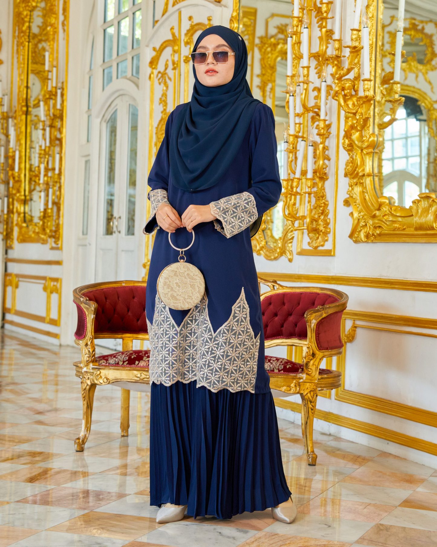 Baju Kurung Lace Pleated Aria - Navy Blue
