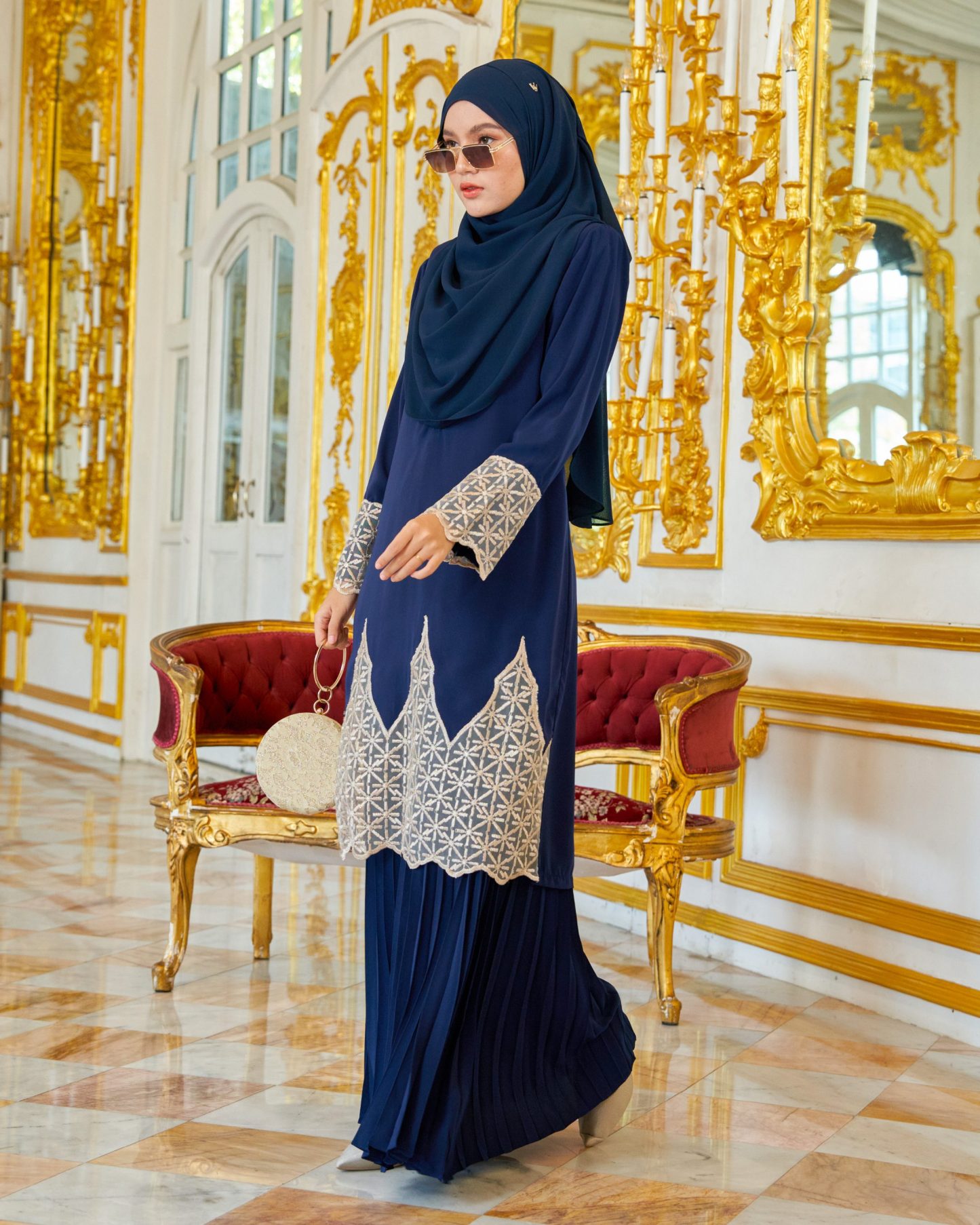 Baju Kurung Lace Pleated Aria - Navy Blue
