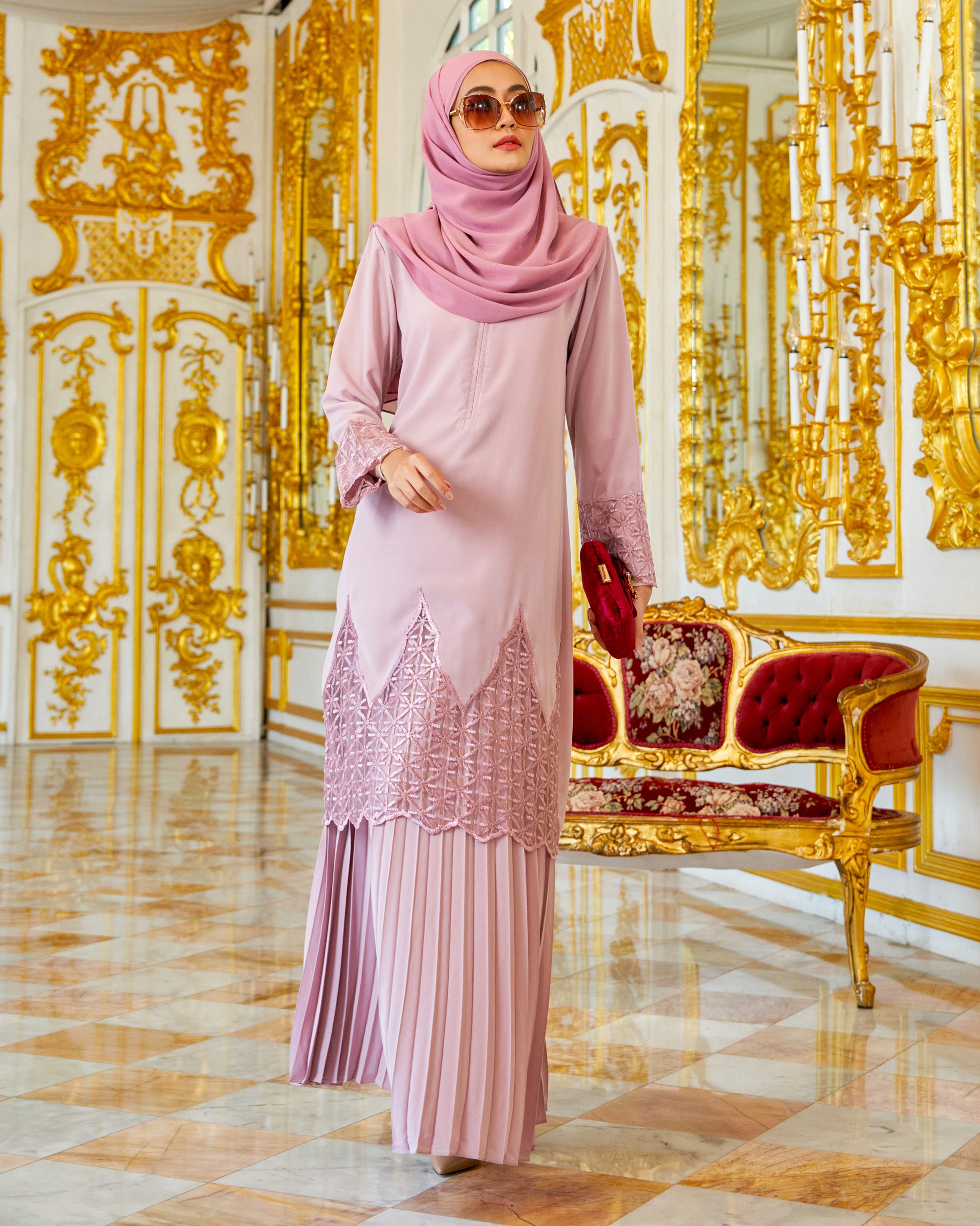 Baju Kurung Lace Pleated  Aria - Pastel Pink