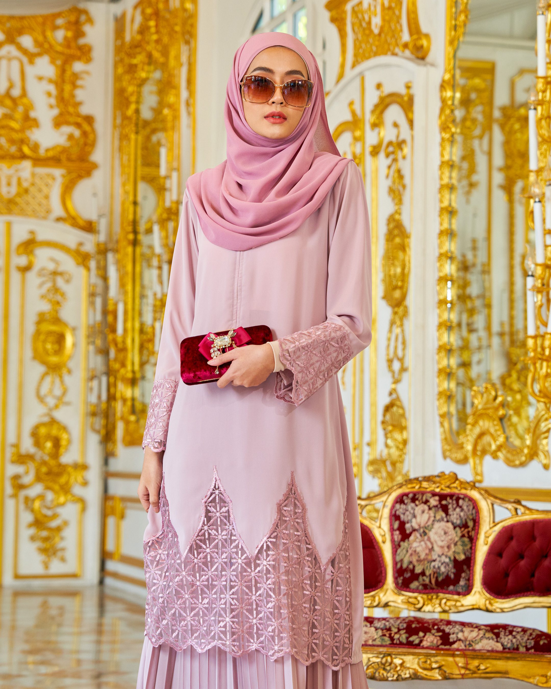 Baju Kurung Lace Pleated  Aria - Pastel Pink