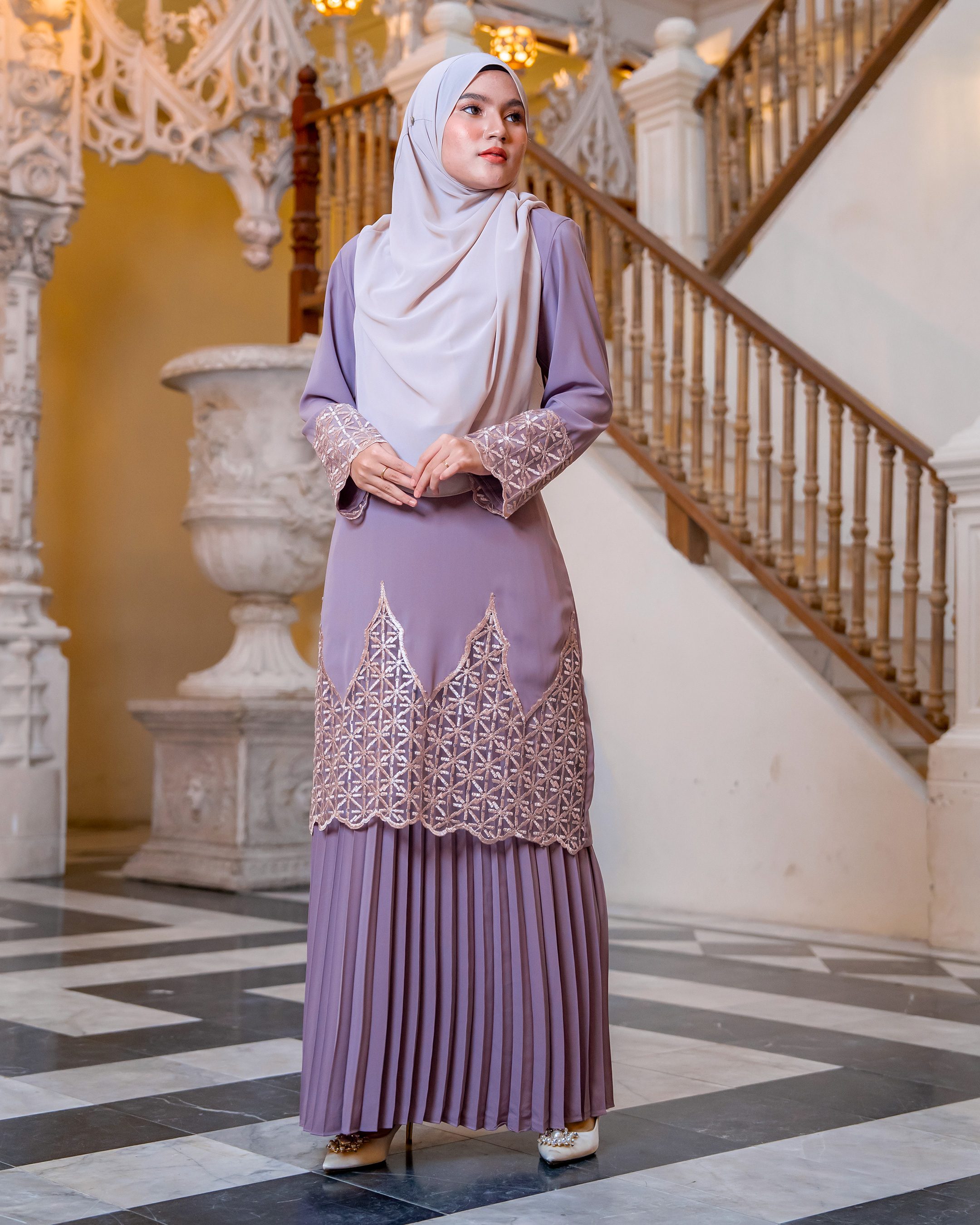 Baju Kurung Lace Pleated Aria - Sweet Marsala