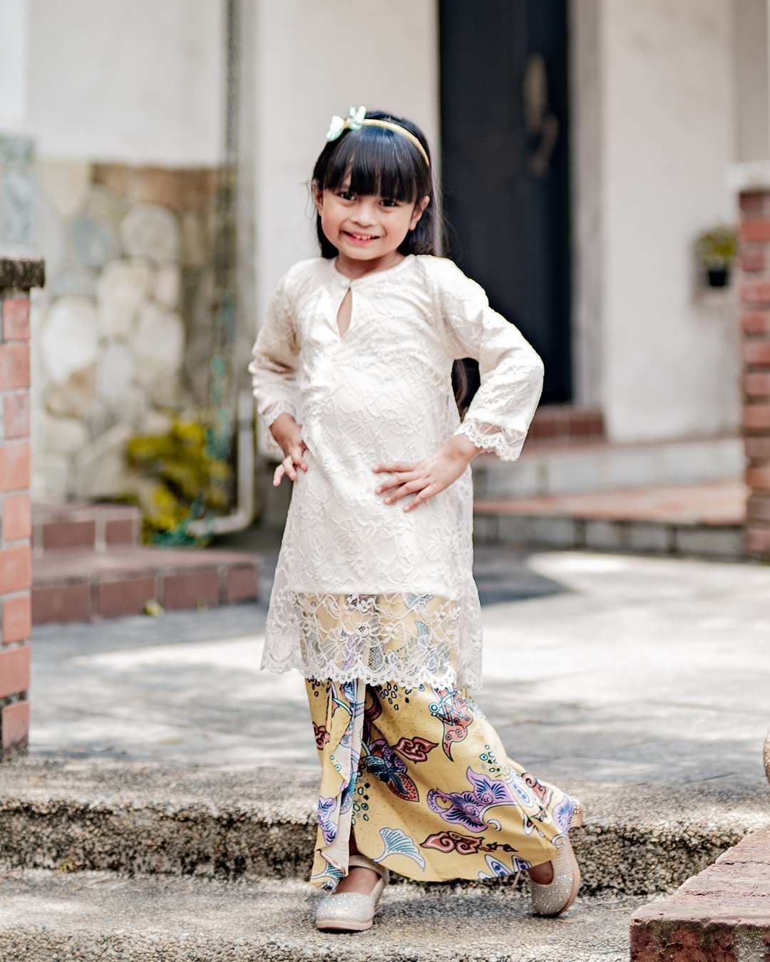 Baju Kurung Batik Lace Abreona Kids - Ivory Cream