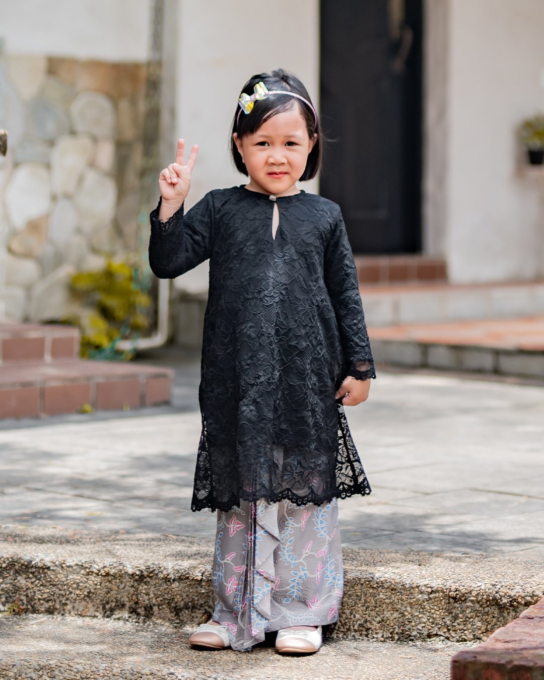 Baju Kurung Batik Lace Abreona Kids - Jet Black