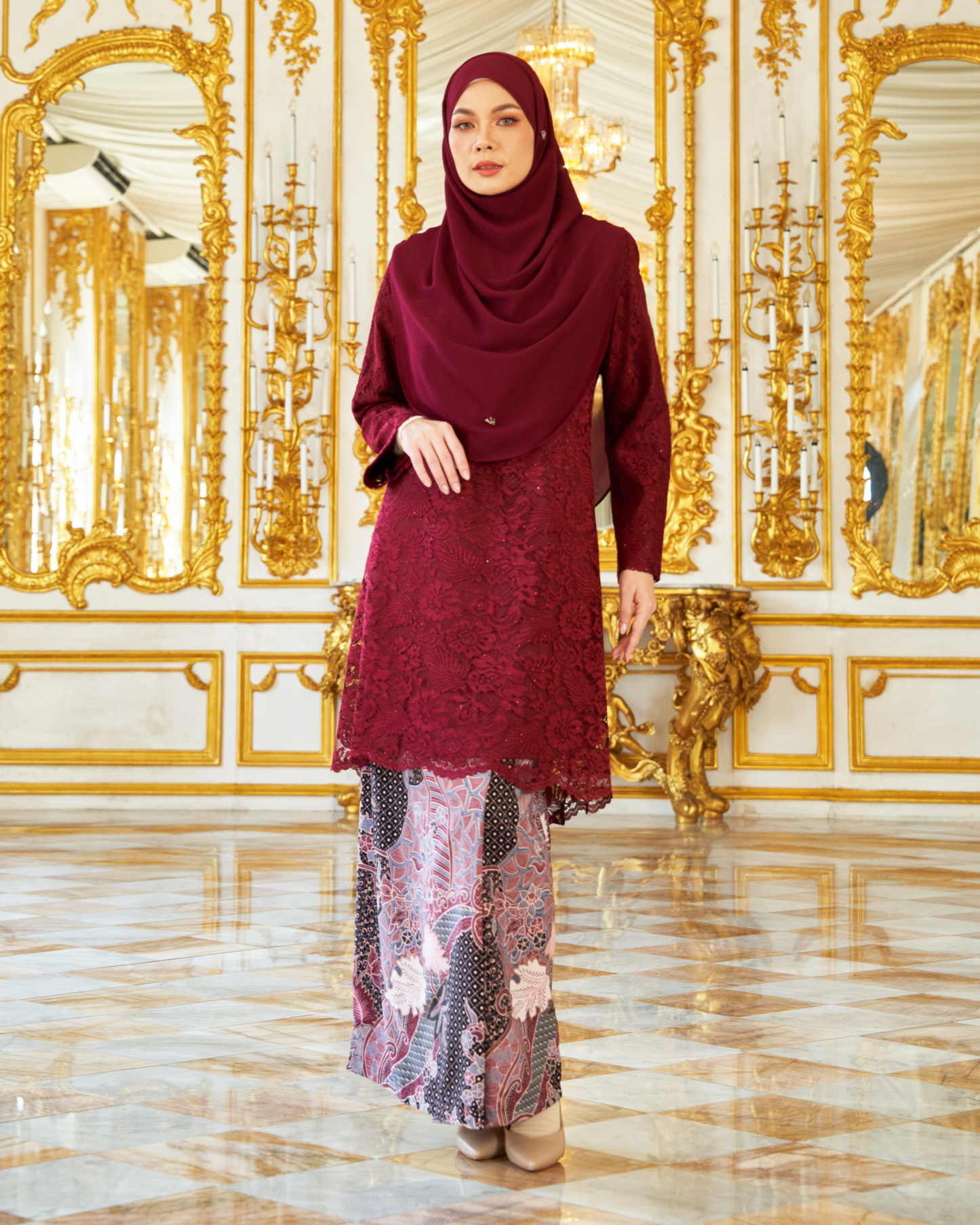 Baju Kurung Lace Batik Alexa - Dark Maroon