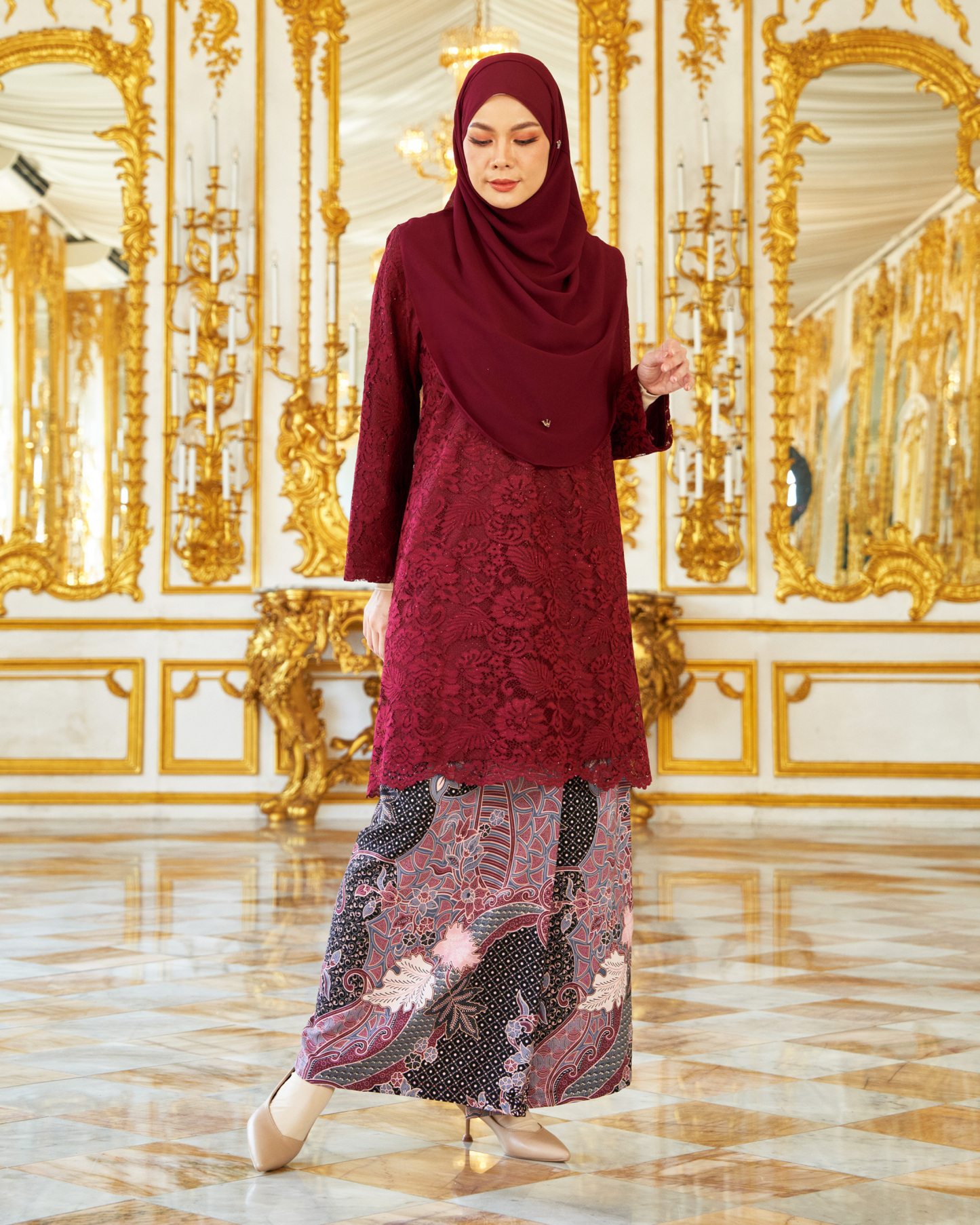 Baju Kurung Lace Batik Alexa - Dark Maroon