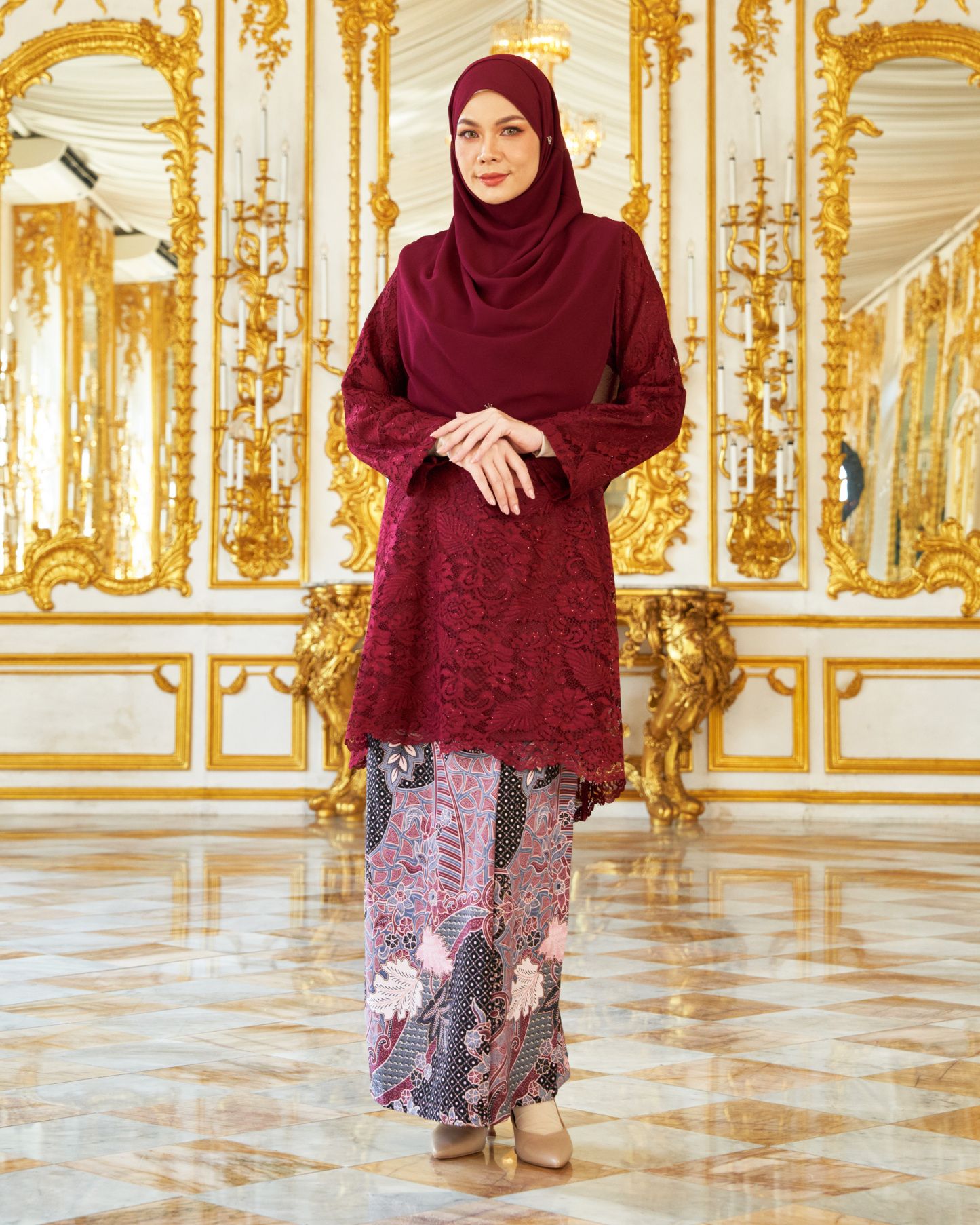 Baju Kurung Lace Batik Alexa - Dark Maroon