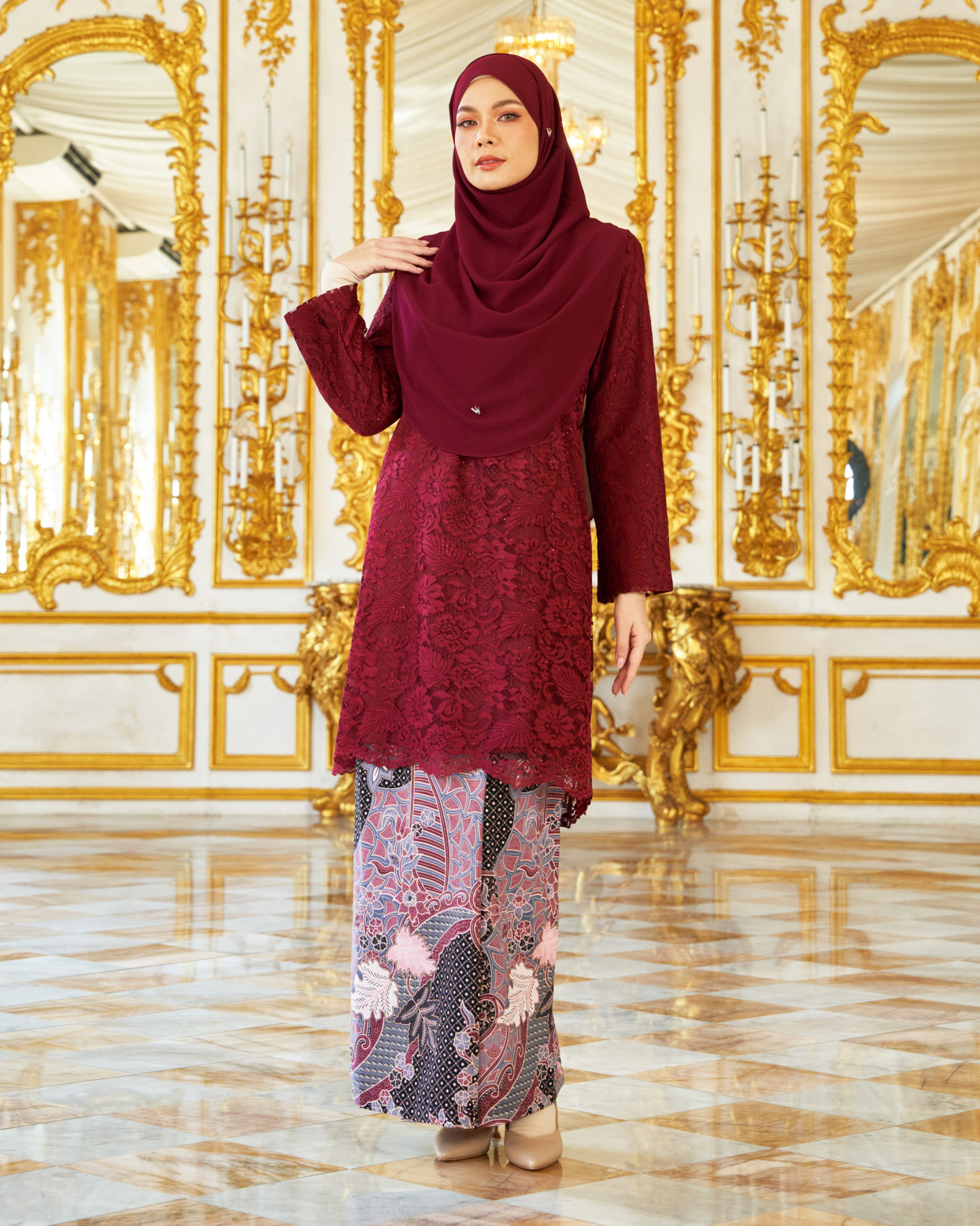 Baju Kurung Lace Batik Alexa - Dark Maroon