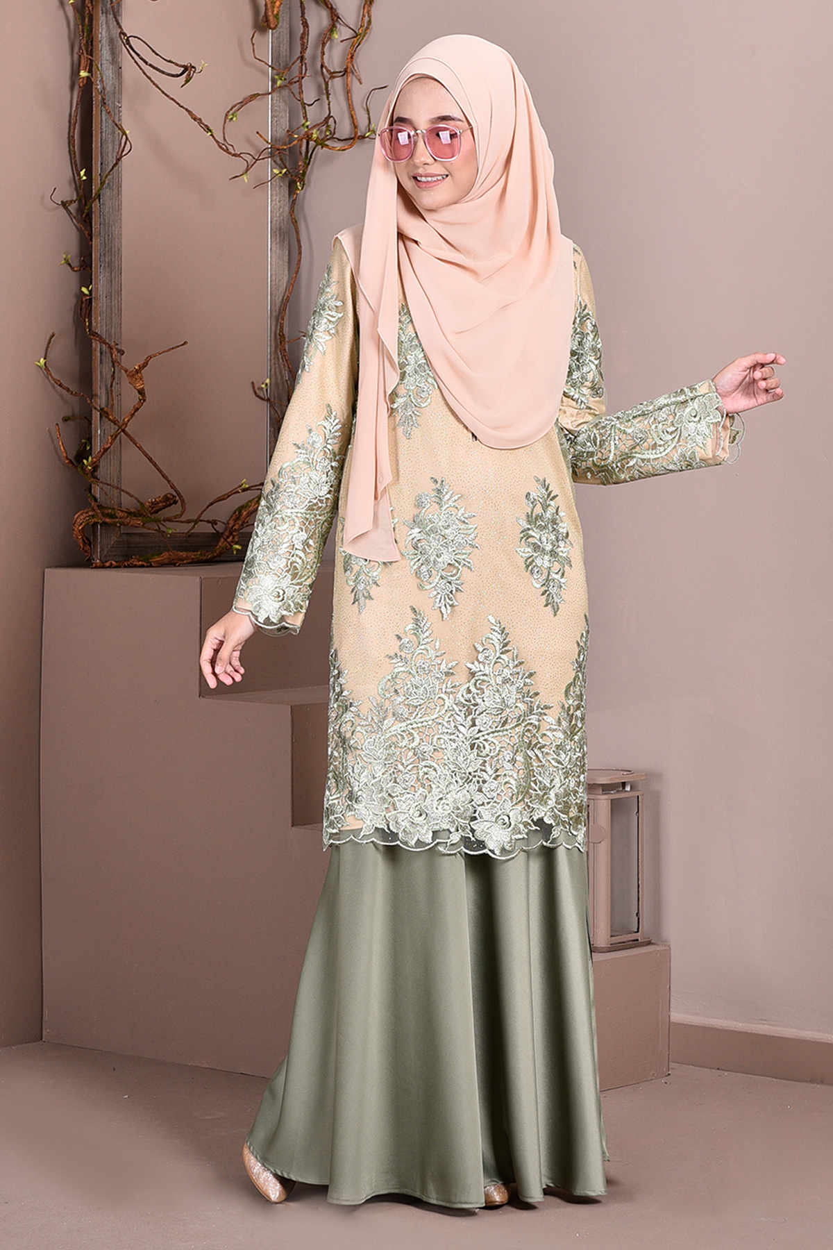 Baju Kurung Lace Brettany Glitter - Watermelon