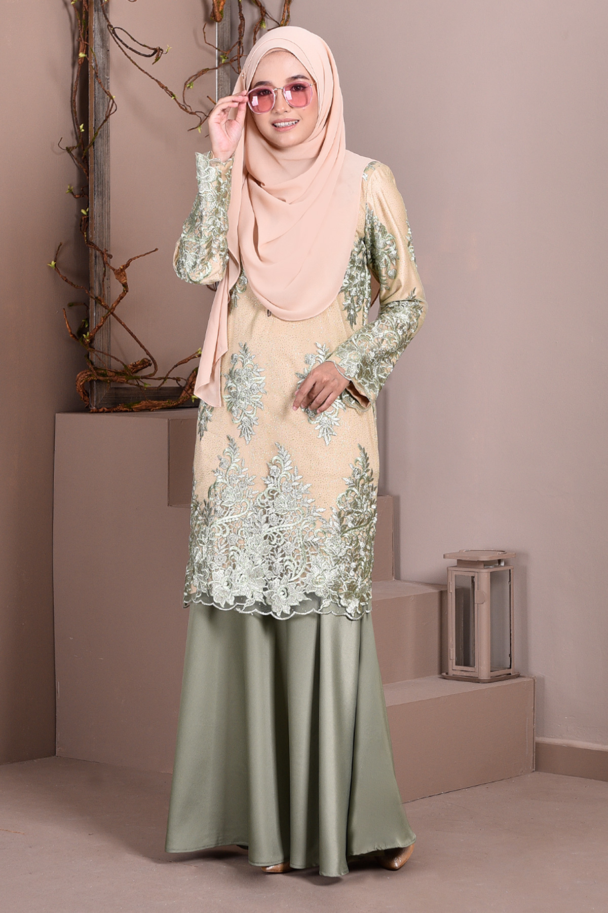 Baju Kurung Lace Brettany Glitter - Watermelon