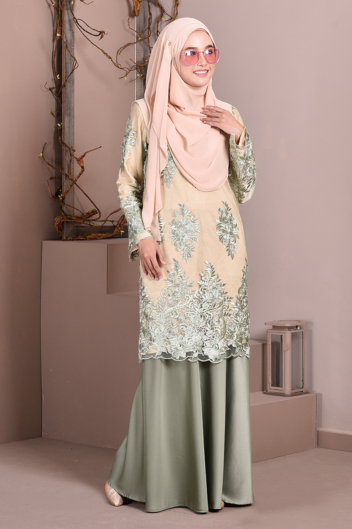 Baju Kurung Lace Brettany Glitter - Watermelon
