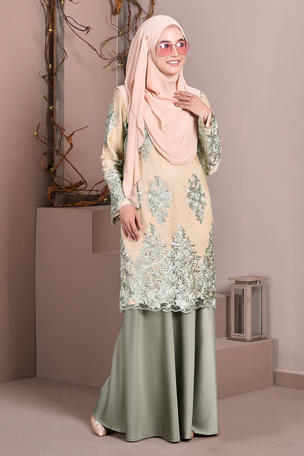 Baju Kurung Lace Brettany Glitter - Watermelon