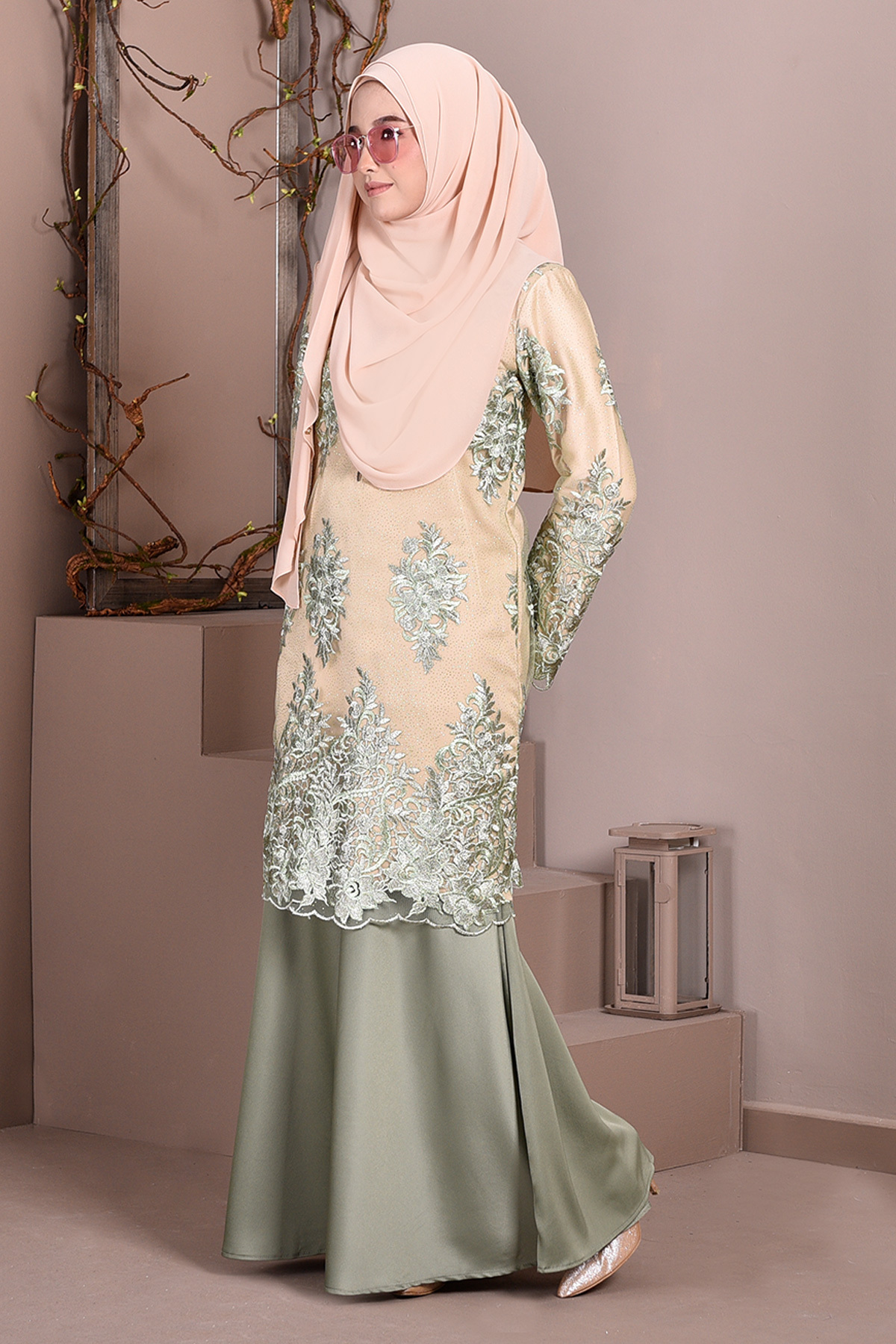 Baju Kurung Lace Brettany Glitter - Watermelon