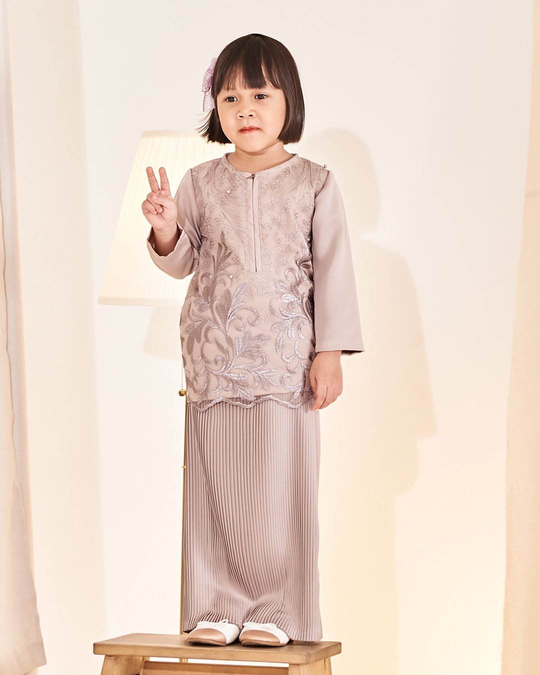 Baju Kurung Lace Pleated Erin Kids - Khaki Brown