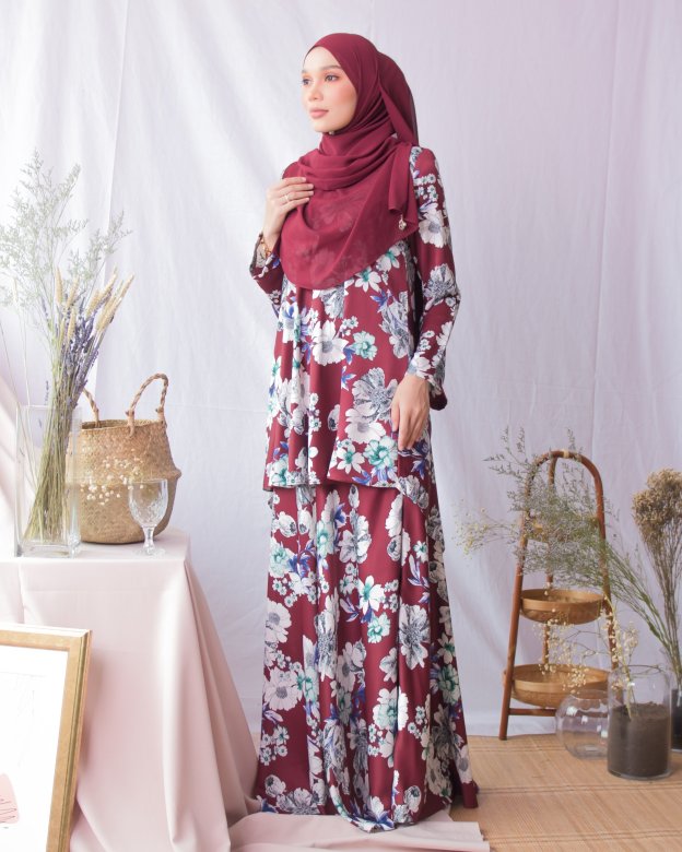 Baju Kurung Hi-Lo Adlina - Red Burgundy