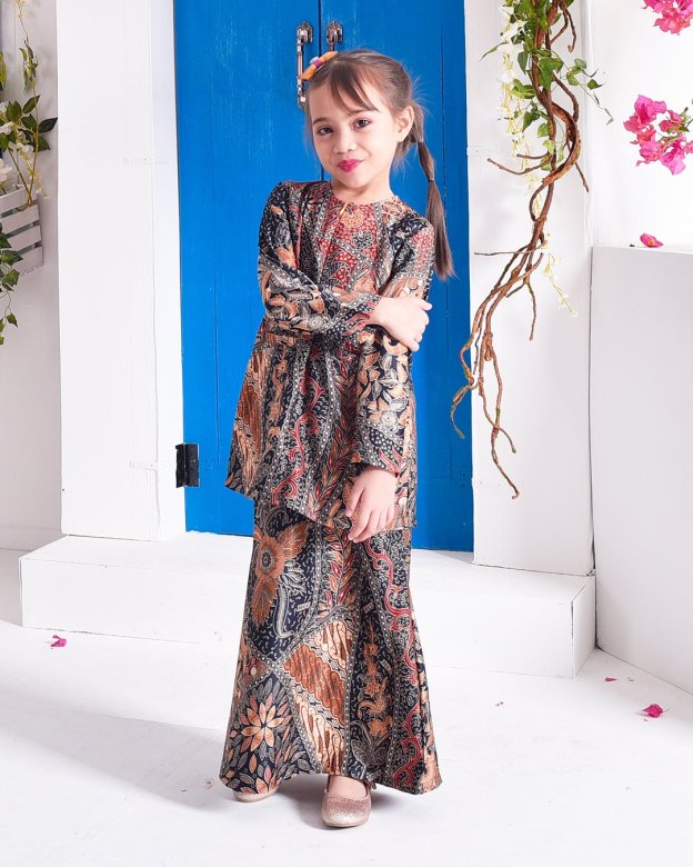 Baju Kurung Kedah Batik Dobby Aimi Kids - Dark Tangerine