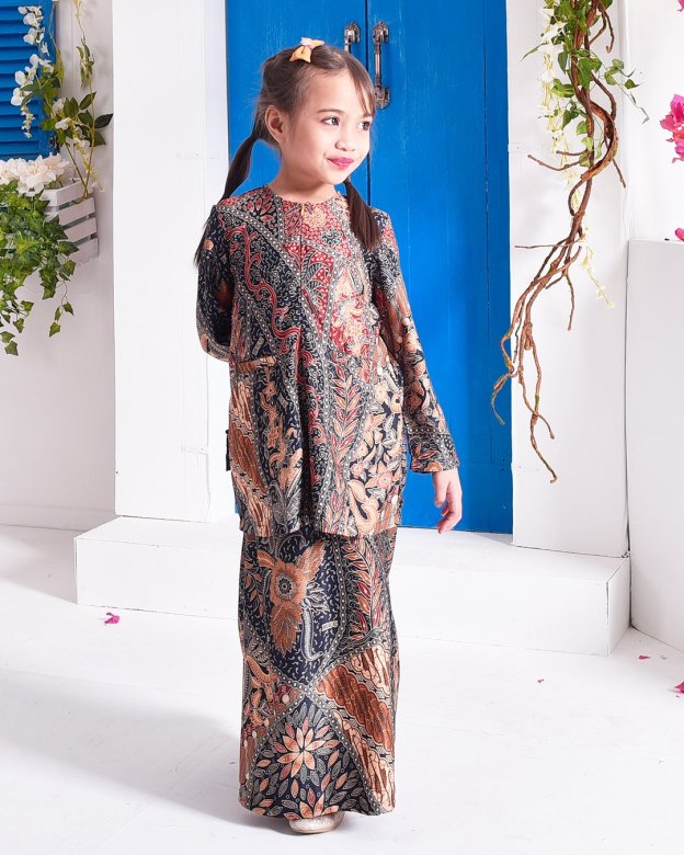 Baju Kurung Kedah Batik Dobby Aimi Kids - Dark Tangerine