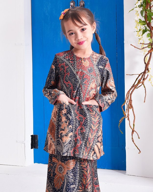 Baju Kurung Kedah Batik Dobby Aimi Kids - Dark Tangerine