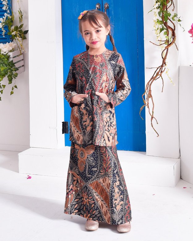 Baju Kurung Kedah Batik Dobby Aimi Kids - Dark Tangerine