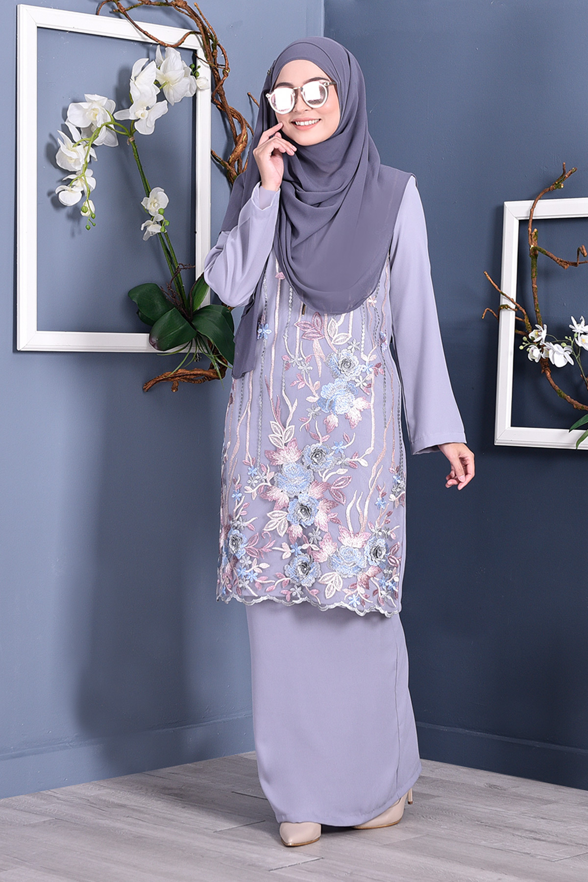 Baju Kurung Lace 3D Azween - Mist Grey
