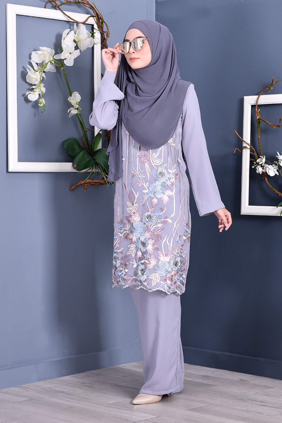 Baju Kurung Lace 3D Azween - Mist Grey