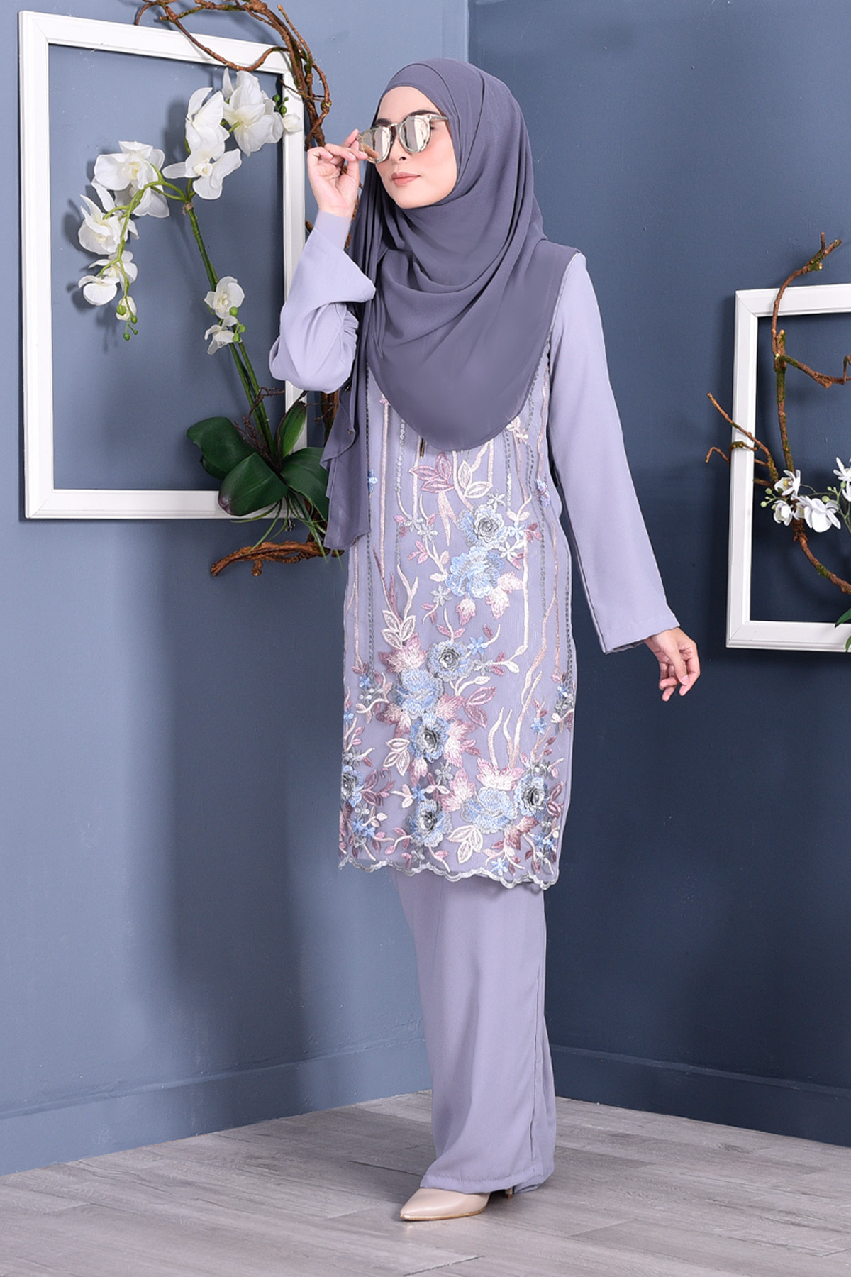 Baju Kurung Lace 3D Azween - Mist Grey