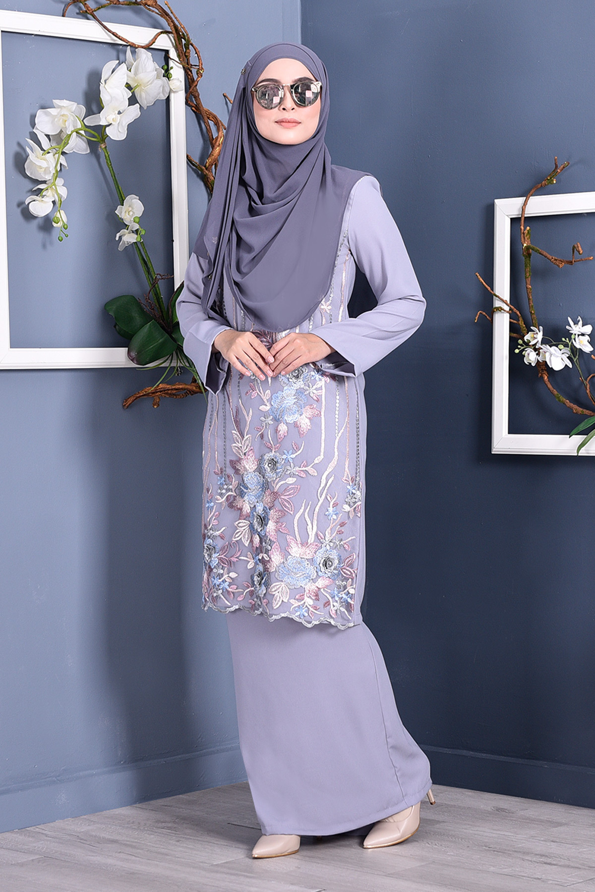 Baju Kurung Lace 3D Azween - Mist Grey