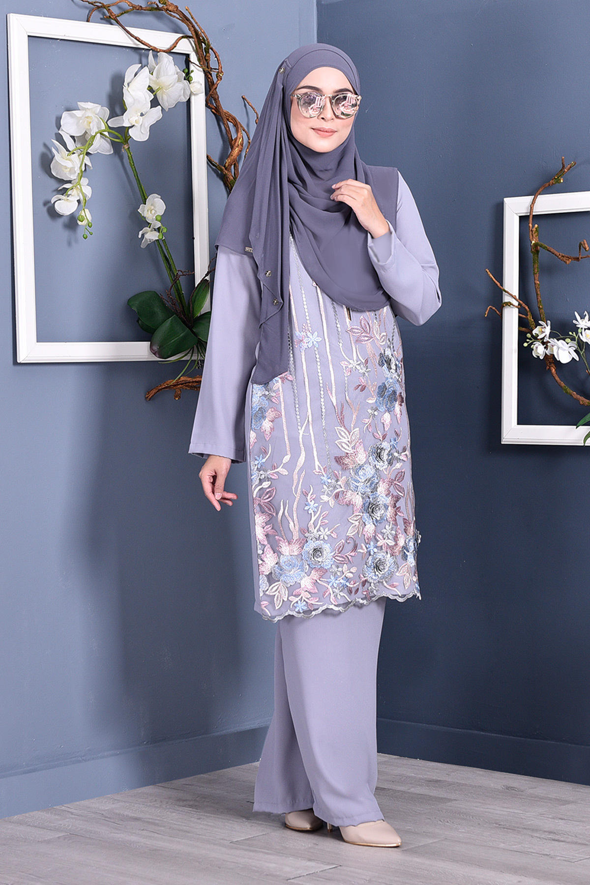 Baju Kurung Lace 3D Azween - Mist Grey