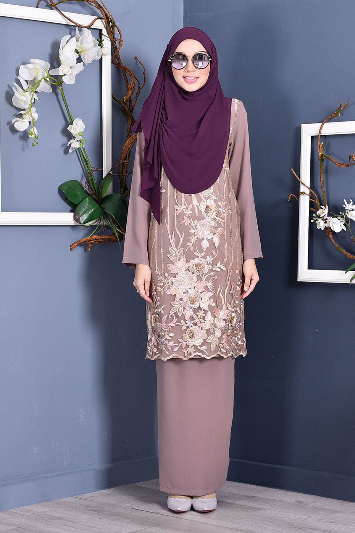 Baju Kurung Lace 3D Azween - Mocha Brown