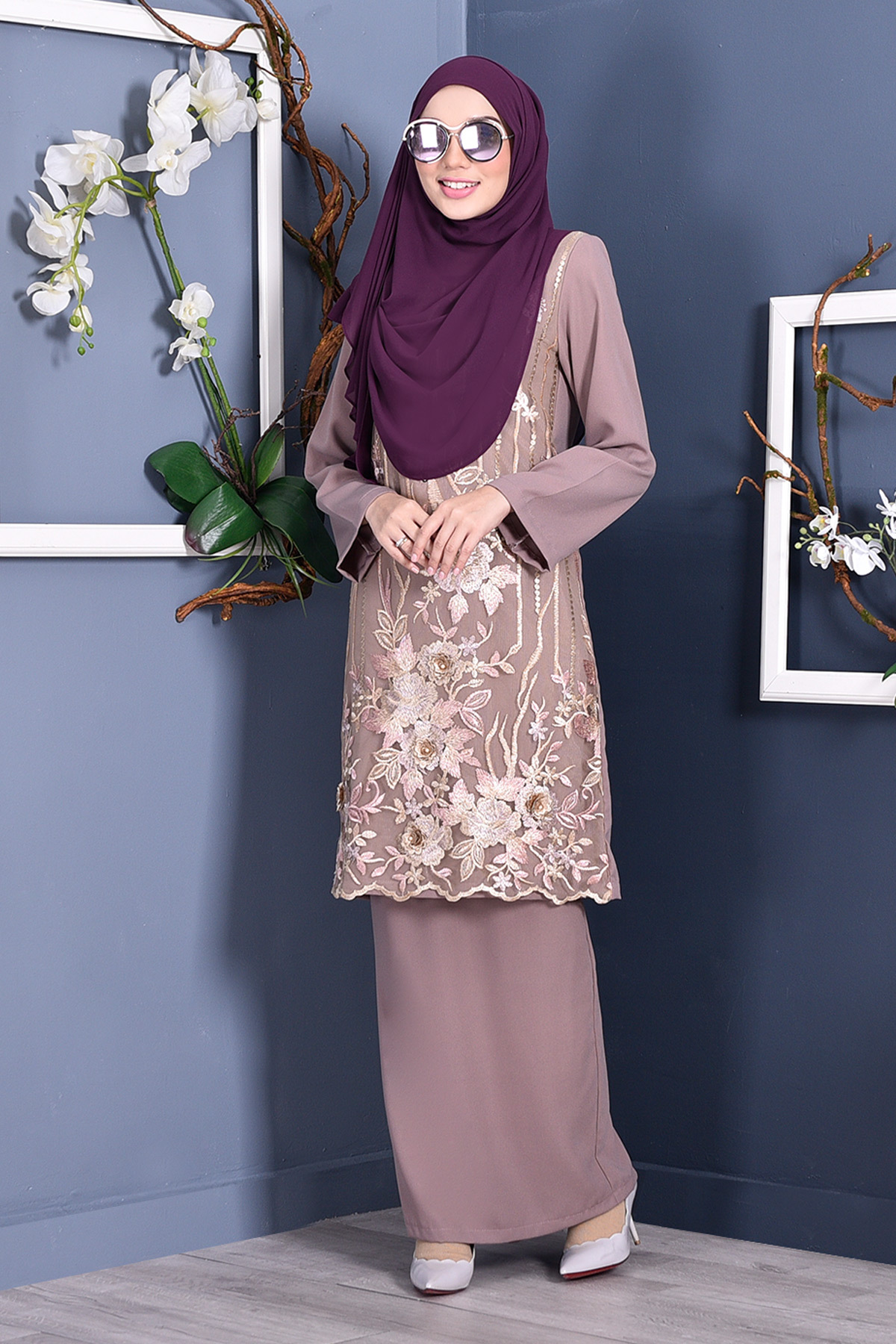 Baju Kurung Lace 3D Azween - Mocha Brown