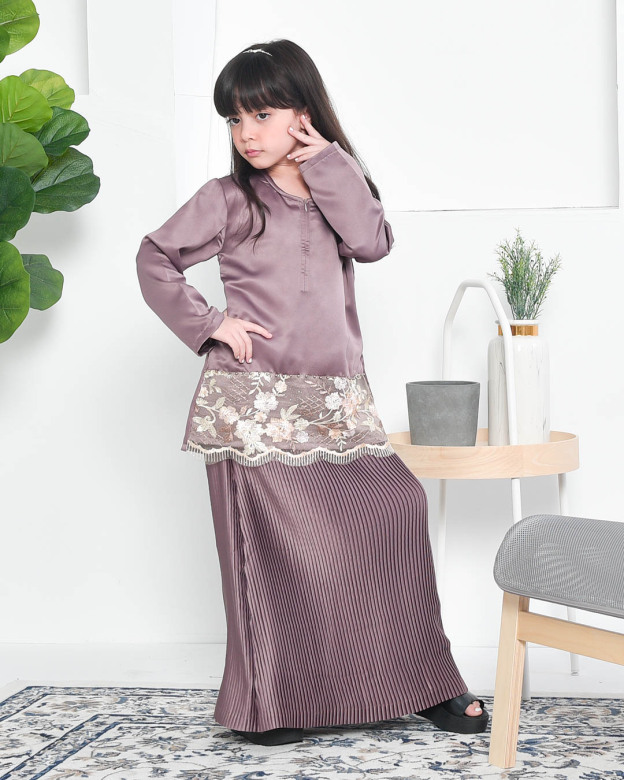 Baju Kurung Lace Pleated Aeni Kids - Espresso Brown
