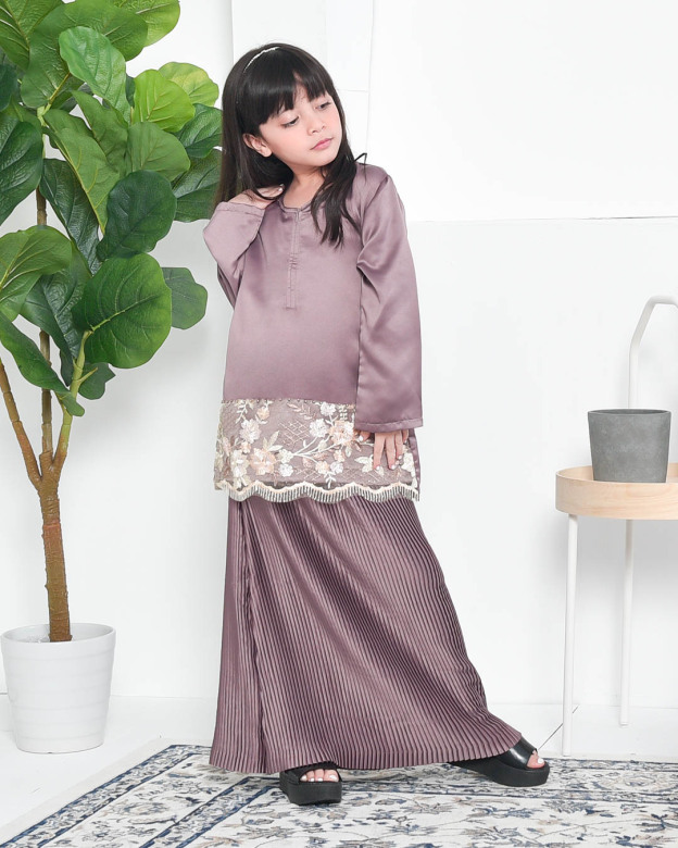Baju Kurung Lace Pleated Aeni Kids - Espresso Brown