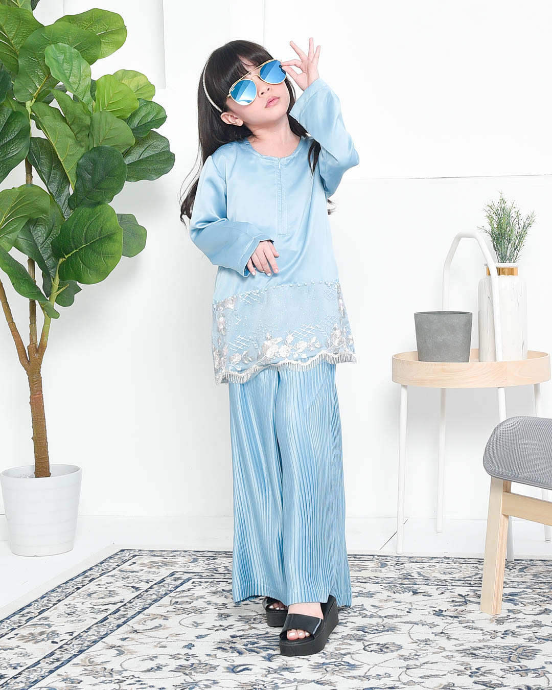 Baju Kurung Lace Pleated Aeni Kids - Glacier Blue