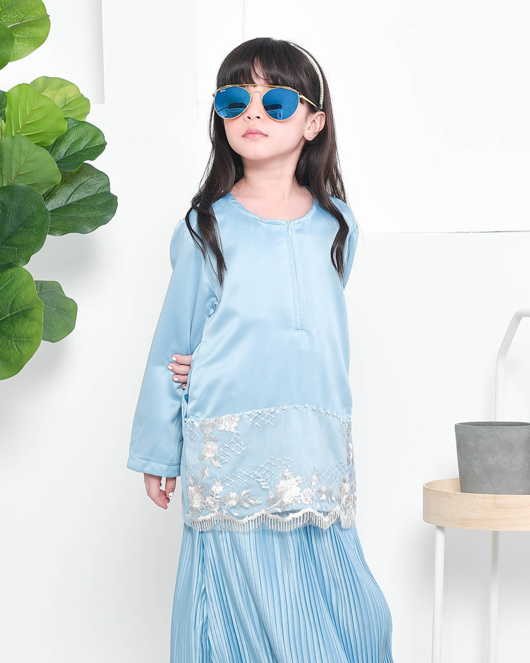 Baju Kurung Lace Pleated Aeni Kids - Glacier Blue