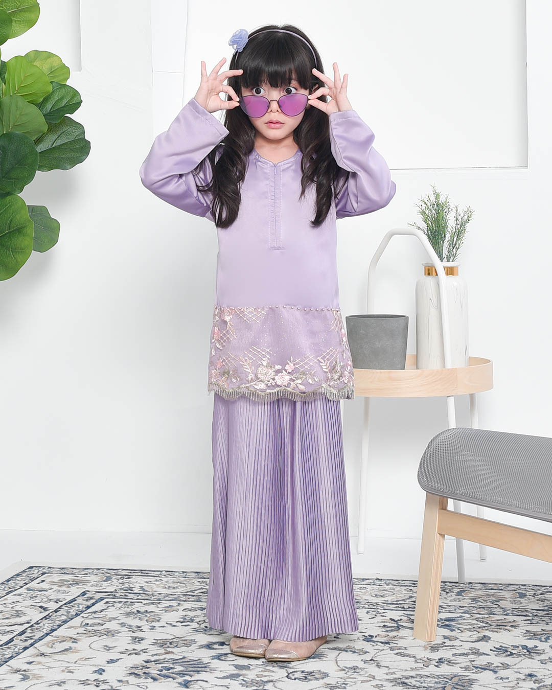 Baju Kurung Lace Pleated Aeni Kids - Mauve Purple