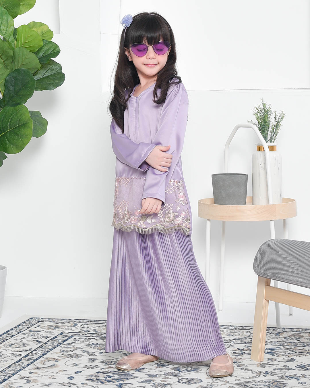 Baju Kurung Lace Pleated Aeni Kids - Mauve Purple