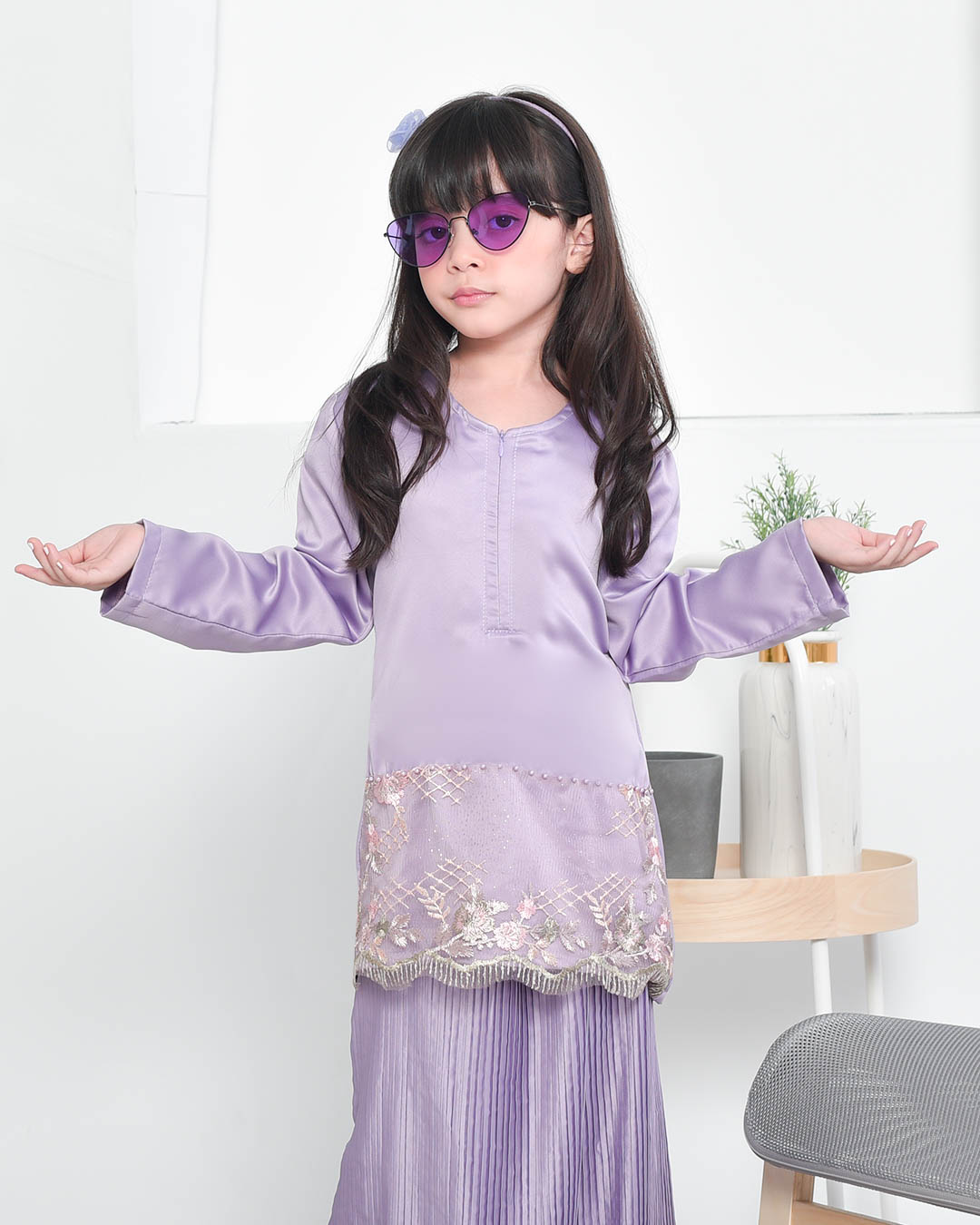 Baju Kurung Lace Pleated Aeni Kids - Mauve Purple