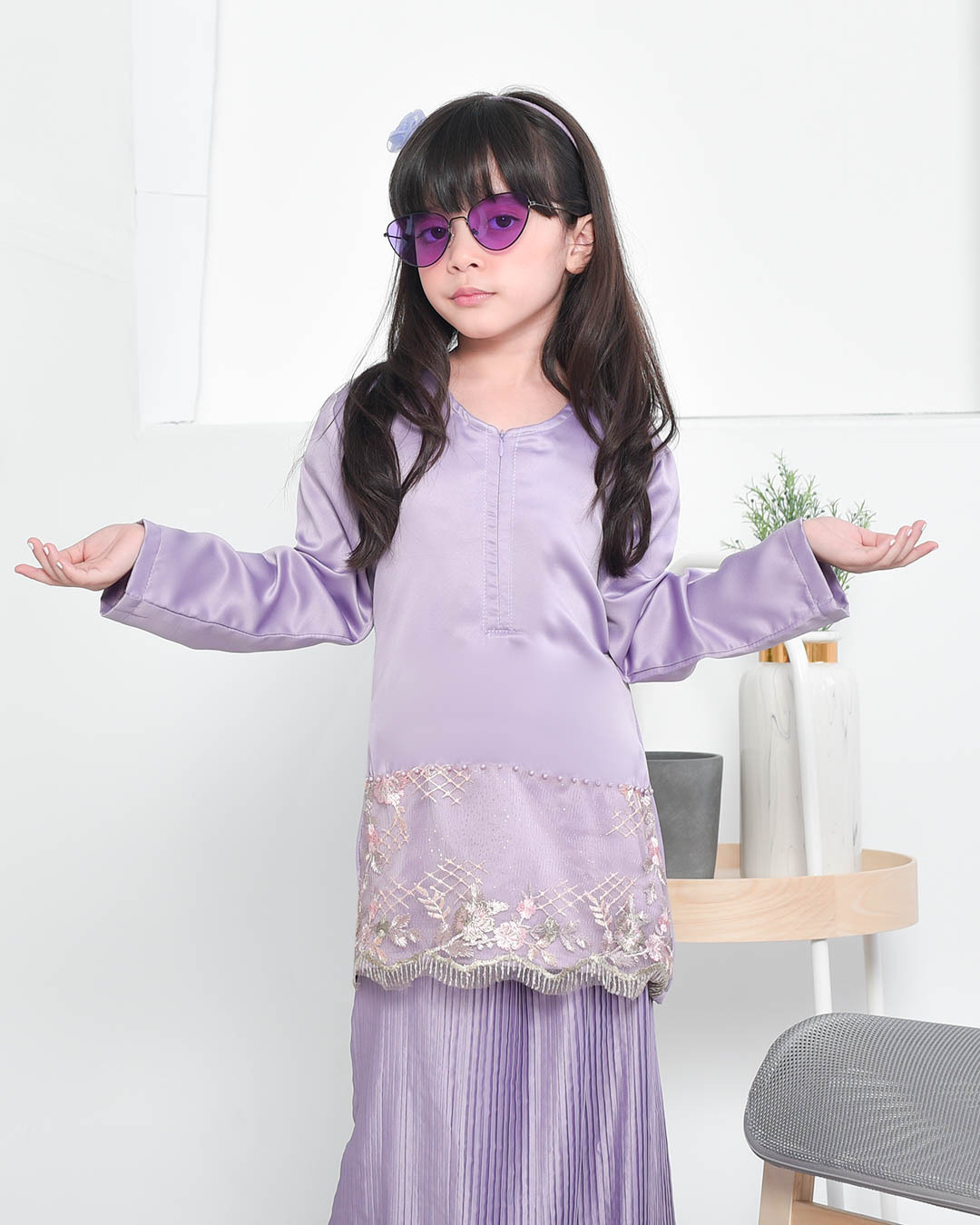Baju Kurung Lace Pleated Aeni Kids - Mauve Purple