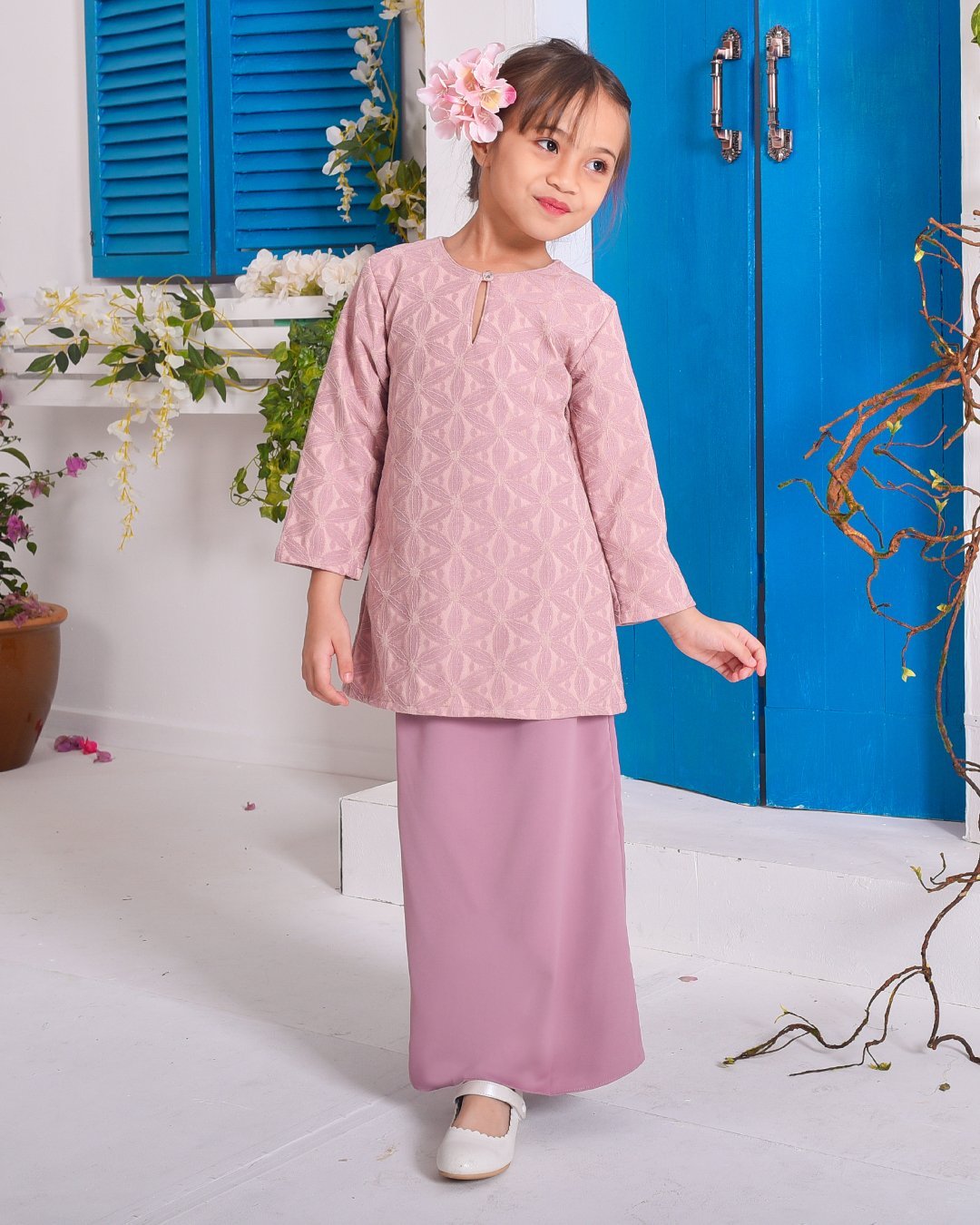 Baju Kurung Moden Lace Geetha Kids -Blush Pink